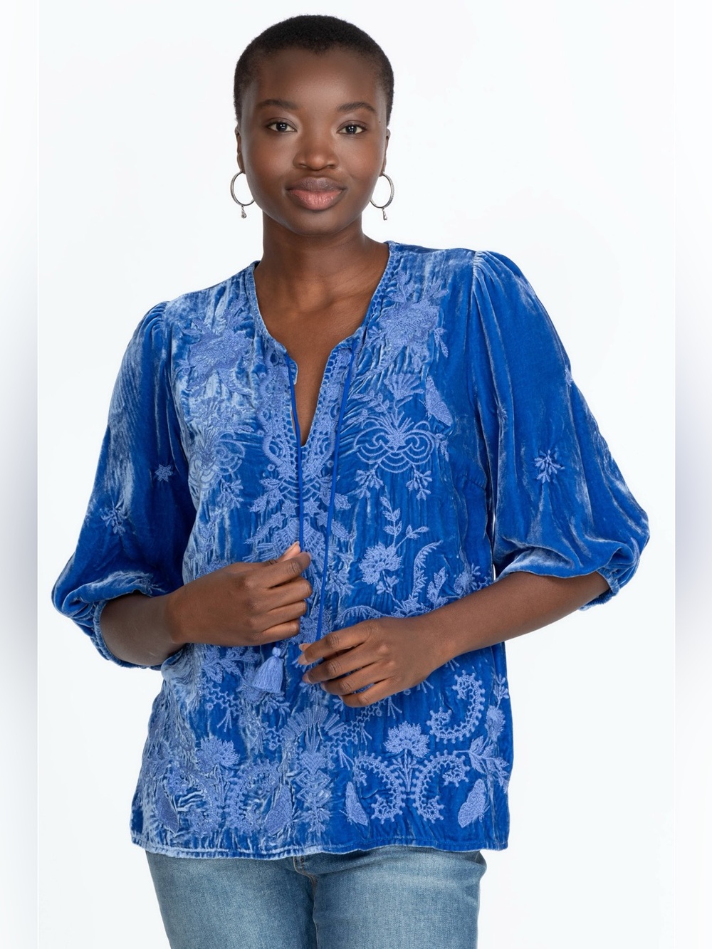 NWT Johnny Was Arzella Relaxed Velvet Blouse Blue XS
